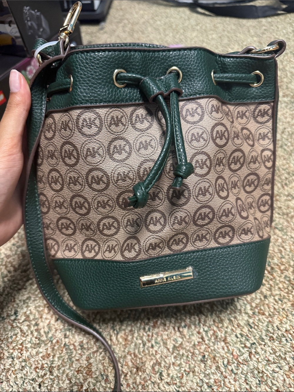 Anne Klein Green and Beige Monogram Drawstring Crossbody